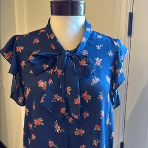 Zara Floral Blue Blouse with Bow Detail